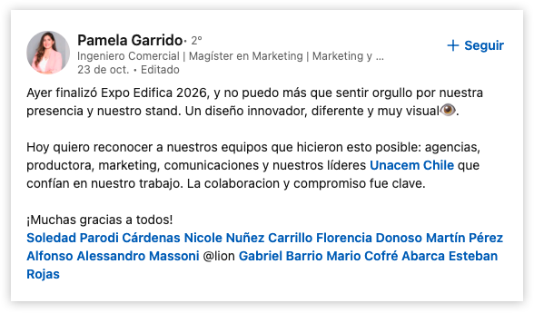 Pamela Garrido, Jefa de Comunicación Estratégica de UNACEM Chile: "Un diseño innovador, diferente y muy visual. Hoy quiero reconocer a nuestros equipos que hicieron esto posible."