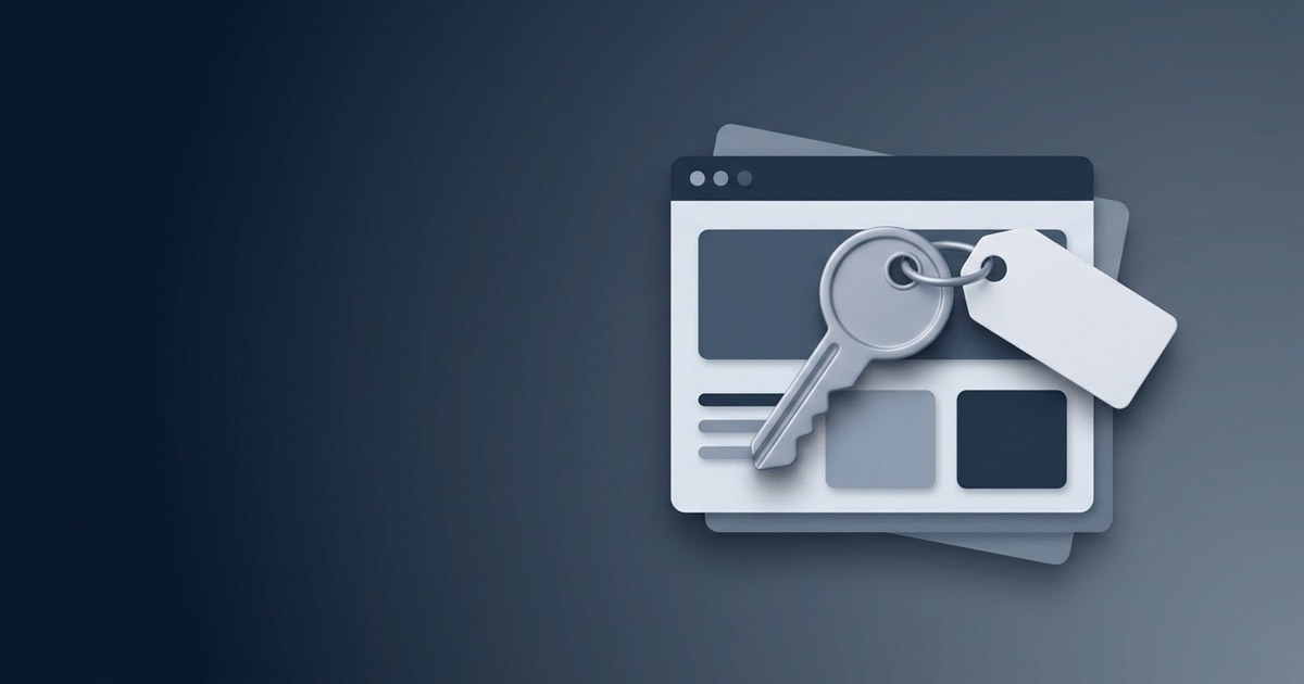 Llave sobre una estructura web abstracta, símbolo de la propiedad del sitio y del dominio