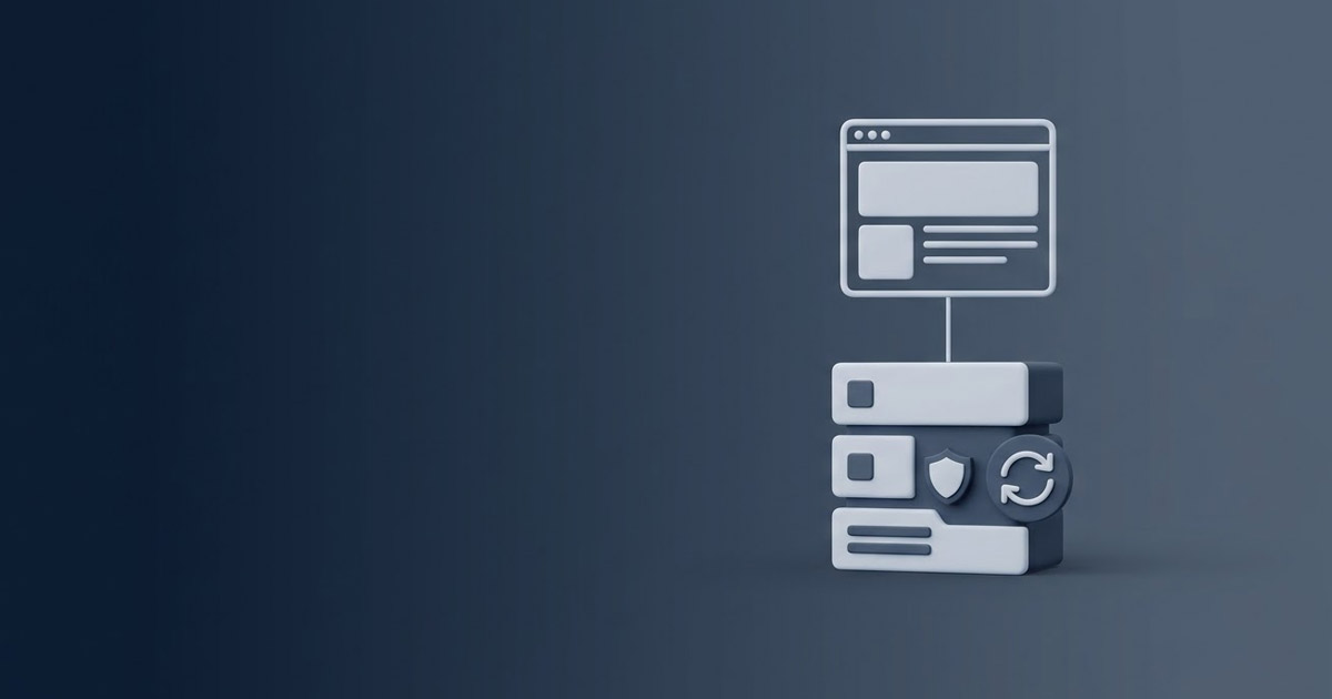 Servidor abstracto con escudo y flechas de respaldo conectado a un sitio web, metáfora de hosting empresarial