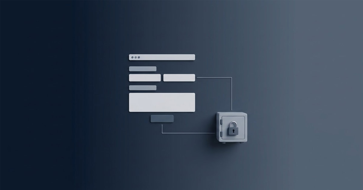 Formulario web abstracto conectado a una bóveda con candado, símbolo de la protección de datos