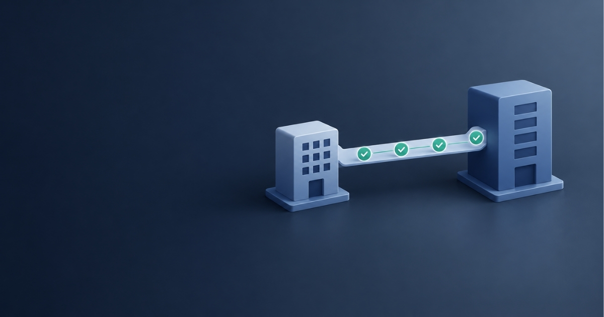 Ilustración de dos bloques unidos por un puente, metáfora del marketing B2B entre empresas