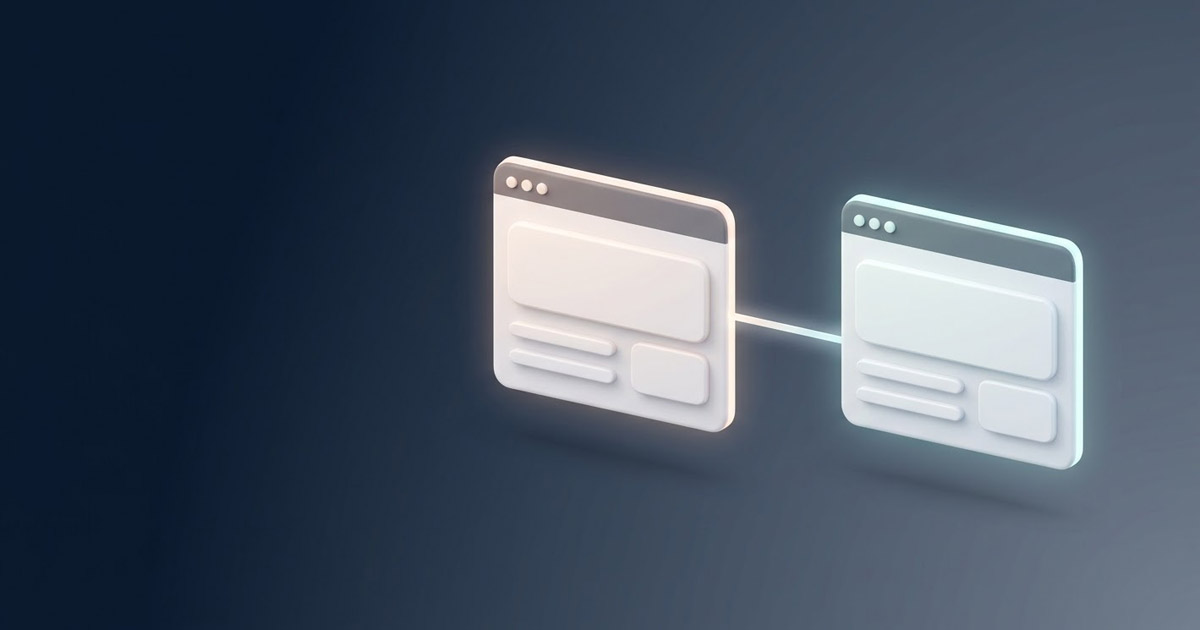 Dos ventanas web abstractas unidas por un puente de luz, metáfora de un sitio bilingüe
