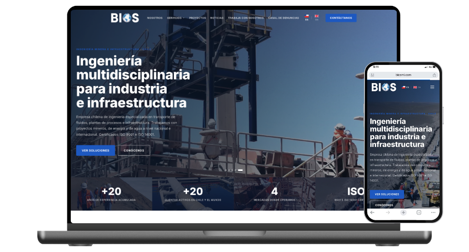 Diseño web multidioma de BIOS Mining & Infrastructure, portada en notebook y celular