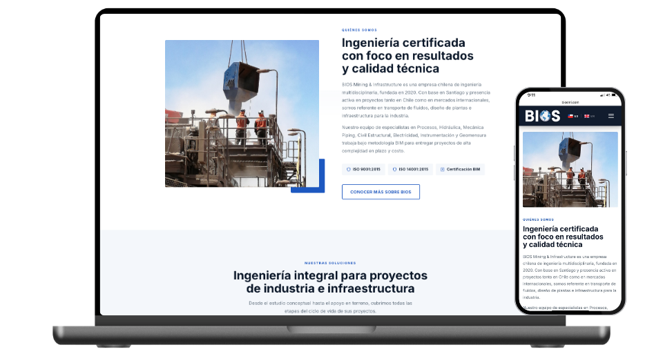 Sección quiénes somos del sitio de BIOS con certificaciones ISO 9001, ISO 14001 y BIM