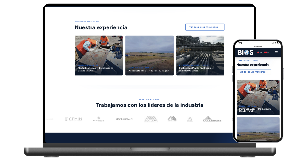Proyectos destacados y clientes mineros en el sitio web de BIOS, versión escritorio y móvil