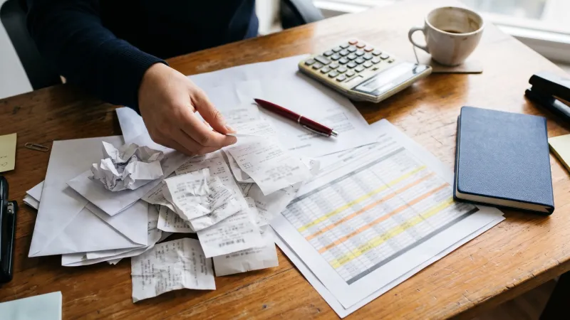 Boletas y recibos acumulados sobre un escritorio antes del cierre de mes