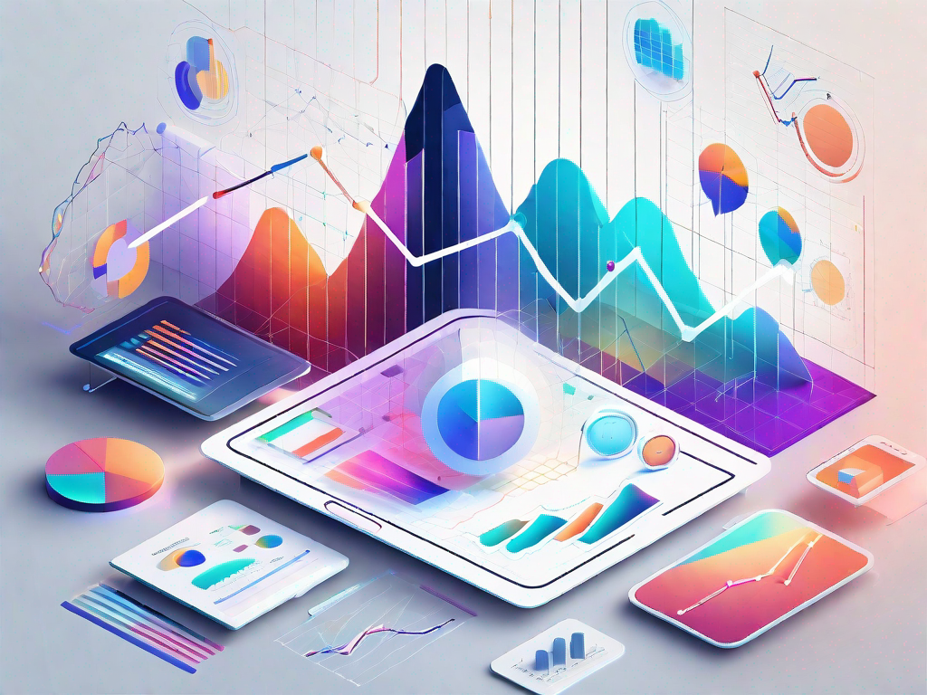 A vibrant digital landscape with various marketing tools such as graphs