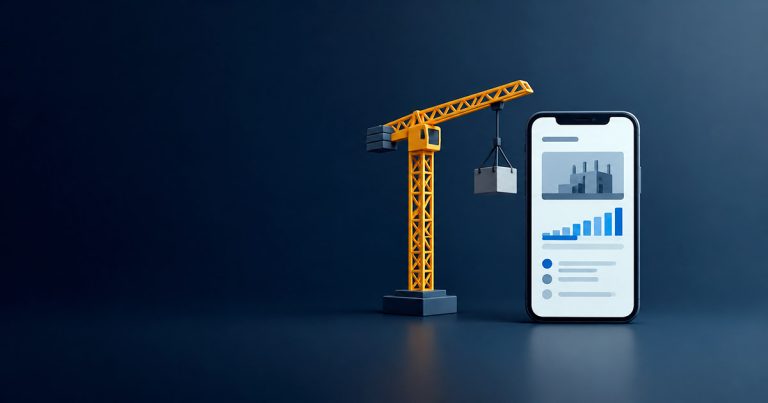 Grúa de construcción junto a un celular con barra de progreso, representando el control de avance de obra