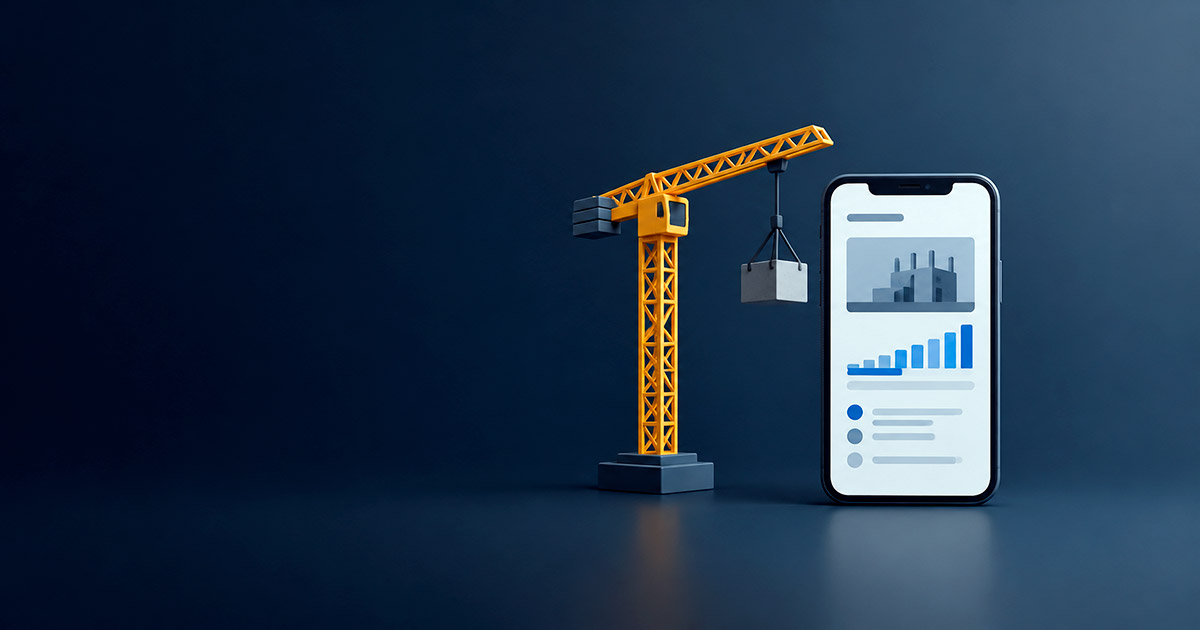 Grúa de construcción junto a un celular con barra de progreso, representando el control de avance de obra