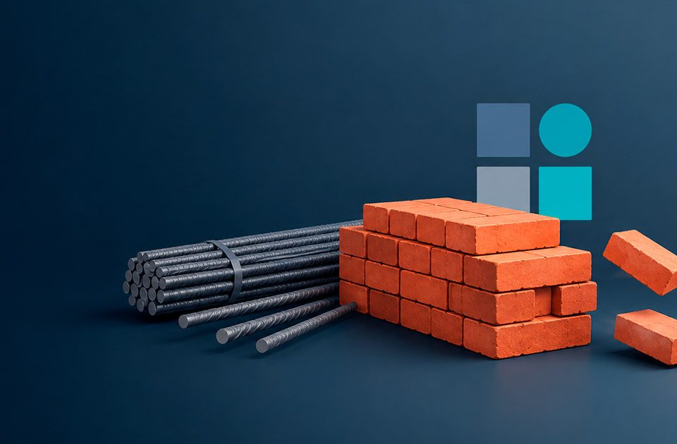 Materiales de construcción apilados con piezas que se alejan, representando pérdidas en el control de materiales en obra