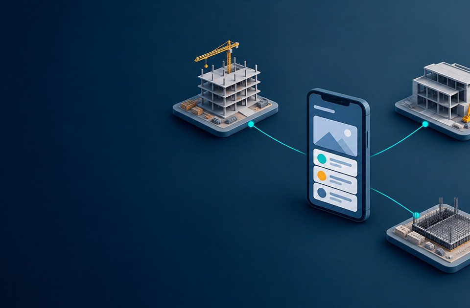 Tres obras en distintas etapas conectadas a un celular, representando cómo gestionar varias obras a la vez