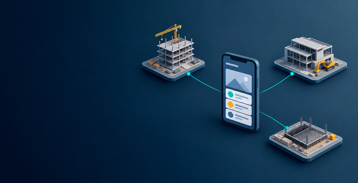 Tres obras en distintas etapas conectadas a un celular, representando cómo gestionar varias obras a la vez