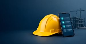 Casco de obra junto a un celular con una lista de verificación, representando el reporte diario de obra
