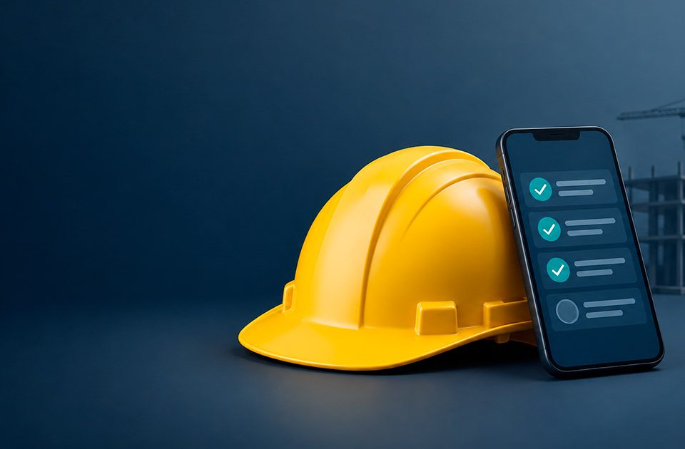 Casco de obra junto a un celular con una lista de verificación, representando el reporte diario de obra
