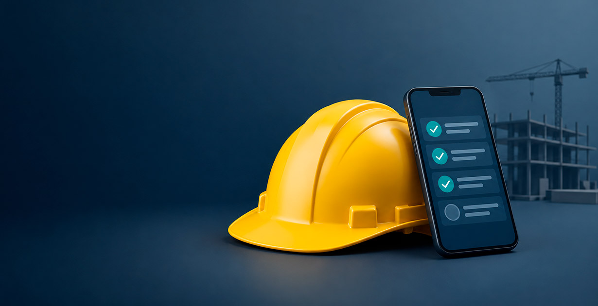 Casco de obra junto a un celular con una lista de verificación, representando el reporte diario de obra